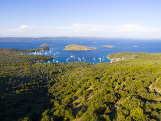 Bay with yachts, smaller islands in the background (island Žut, Croatia) 