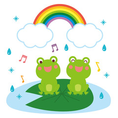 梅雨　歌を歌うカエルたちと虹　イラスト