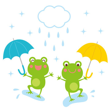 梅雨　傘をさして踊るカエルたち　イラスト