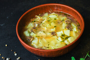 soup mushrooms and vegetables Menu concept serving size. food background top view copy space for text keto or paleo diet organic healthy eating