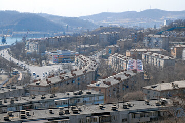 Soviet architecture of Nakhodka, Primorsky Krai (Primorye), Far East, Russia.