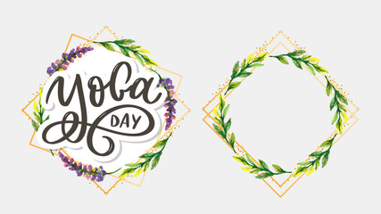 Lettering Yoga. Vector background International Yoga Day. Vector design for poster, T-shirts, bags. Yoga typography. Vector elements for labels, logos, icons, badges.