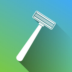 Safety razor sign. White Icon with gray dropped limitless shadow on green to blue background. Illustration.