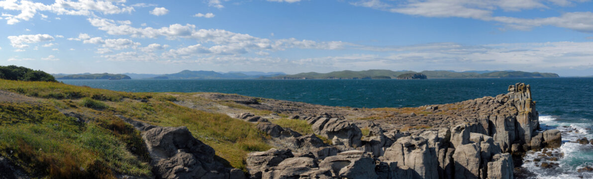 Cape Bruce and Slavyanka bay of the sea of Japan. Primorsky Krai (Primorye), Far East, Russia.