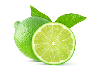 Whole and slice of lime fruit with green leaves isolated