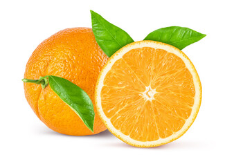 Whole orange fruit and slice with leaf isolated on white