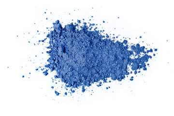 Fototapeta na wymiar Heap of powdered blue matcha tea isolated on a white background. Top view.