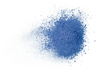 Fototapeta na wymiar Heap of powdered blue matcha tea isolated on a white background. Top view.