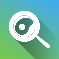 Omelet at pan icon. White Icon with gray dropped limitless shadow on green to blue background. Illustration.