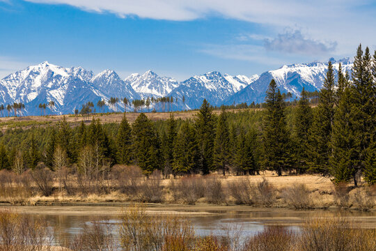 the Irkut river in the Tunka valley in spring against the background of the Sayan mountains © savva_25