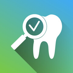 Tooth icon with arrow sign. White Icon with gray dropped limitless shadow on green to blue background. Illustration.