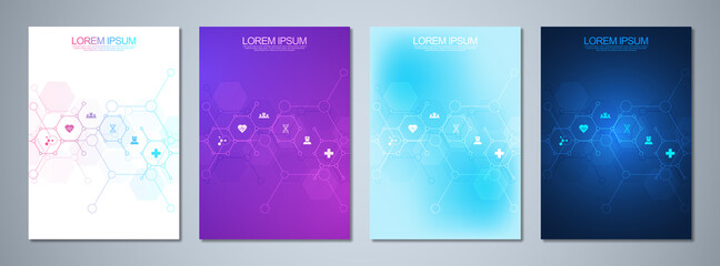 Fototapeta na wymiar Set of template brochures or cover book, page layout, flyer design. Concept and idea for health care business, innovation medicine, pharmacy, technology. Medical background with flat icons and symbols