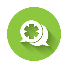 White Dialogue with the doctor icon isolated with long shadow. Doctor and patient dialog. Consulting about medical health services. Green circle button. Vector Illustration.