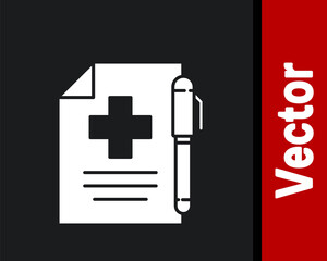 Obraz premium White Medical prescription and pen icon isolated on black background. Rx form. Recipe medical. Pharmacy or medicine symbol. Vector Illustration.
