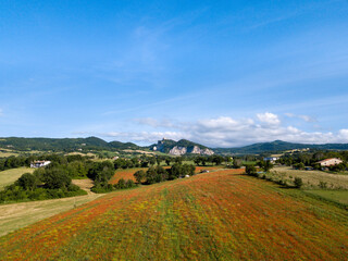 Countryside of Marecchia Valley and in foregrounf the old fortress of San Leo