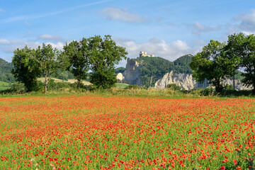 Countryside of Marecchia Valley and in foregrounf the old fortress of San Leo