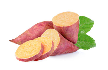 sweet yam potato with leaf on the white background