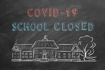 Hand drawing and animated text COVID-19 SCHOOL CLOSED  on blackboard