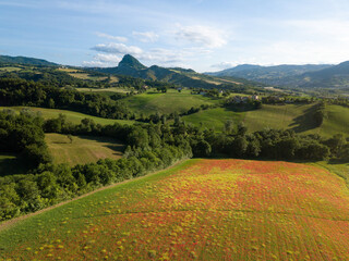 Countryside of Marecchia Valley and in foregrounf the old fortress of Maioletto