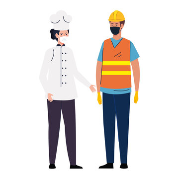 Worker Construction With Chef Female Using Face Mask During Covid 19 On White Background Vector Illustration Design