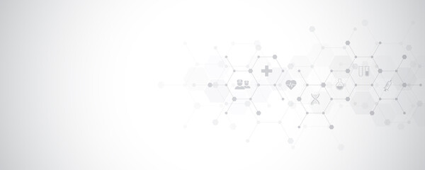 Medical background with flat icons and symbols. Template design with concept and idea for healthcare technology, innovation medicine, health, science, and research.