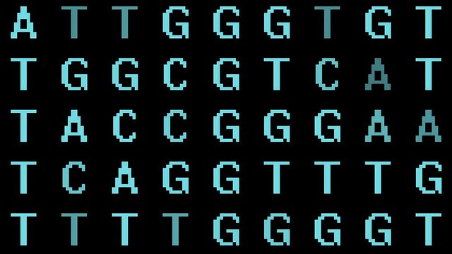 Bioinformatics Genetic DNA Code AGTC into Computer Code - DNA Genome Sequencing Letters Fade to 1s and 0s