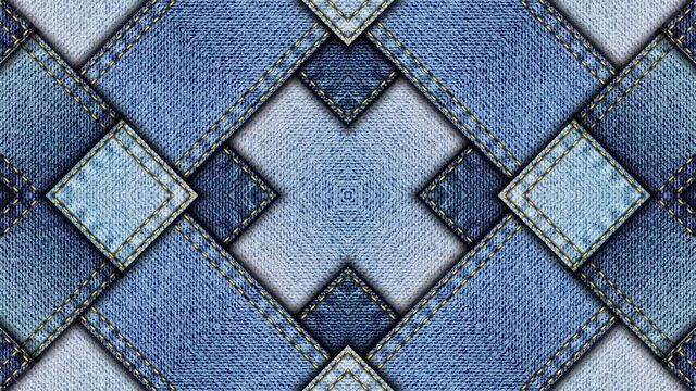 Symmetric abstract psychedelic pattern. Patchwork denim. Looping footage.