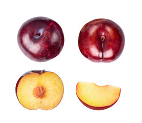 ripe plums on white background. top view