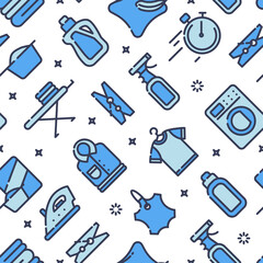 Seamless pattern with outline icons of clothes, towels, cleanig chenistry. Background for laundry, dry cleaning.