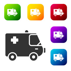 Black Ambulance and emergency car icon isolated on white background. Ambulance vehicle medical evacuation. Set icons in color square buttons. Vector Illustration.