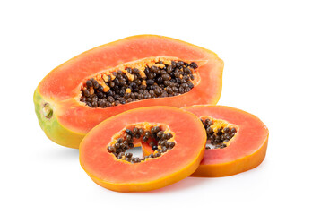 half of ripe papaya fruit with seeds isolated on white background