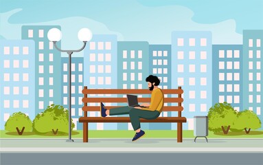 Freelance, remote work, business concept. Man using laptop computer on street bench, mock up screen. Vector flat cartoon illustration.
