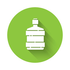 White Big bottle with clean water icon isolated with long shadow. Plastic container for the cooler. Green circle button. Vector Illustration.