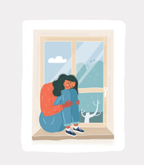 Fototapeta na wymiar Sad depressive cry girl looking out the window. Sad depressive woman sitting on the windowsill