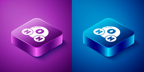 Isometric Chemical formula for water drops H2O shaped icon isolated on blue and purple background. Square button. Vector Illustration.