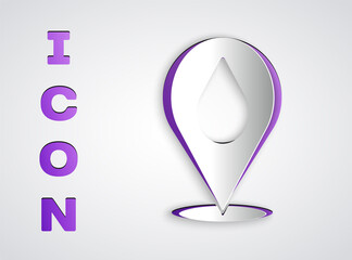 Paper cut Water drop with location icon isolated on grey background. Paper art style. Vector Illustration.