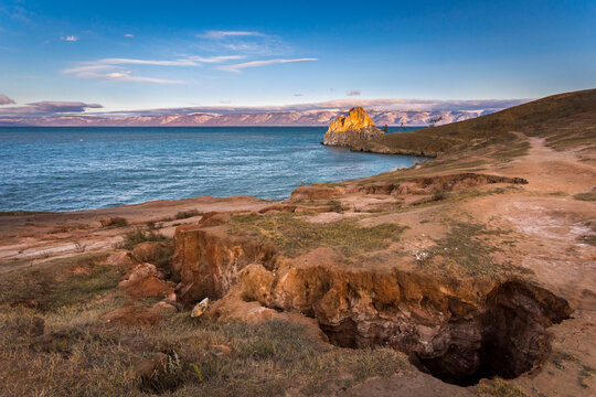 Cape Burhan on Olkhon Island on Lake Baikal in autumn at dawn