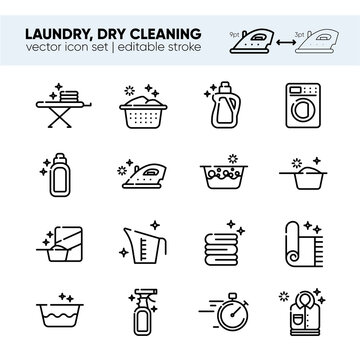 Outline icon set of clothes, towels, cleanig chemistry. Background for laundry, dry cleaning, housekeeping services. Modern graphic design. Home appliance. House laundry. Laundry detergent.