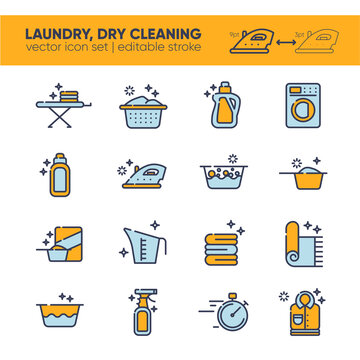 Outline icon set of clothes, towels, cleanig chemistry. Background for laundry, dry cleaning, housekeeping services. Modern graphic design. Home appliance. House laundry. Laundry detergent.