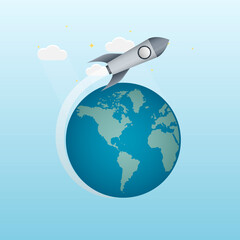 Launch of a space rocket. The spaceship is flying. Planet earth, vector illustration