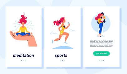 Healthy lifestyle, self care, family, positive emotions concept. Young lady taking time for herself, meditating, doing sports, spend time with family. Vector flat illustration for mobile app, webpage.