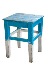 Old wooden blue and white stool with peeling paint. Loft style chair on a white background.