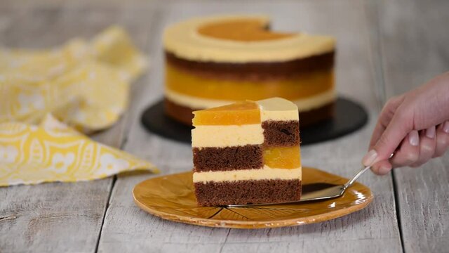 Piece of homemade chocolate sponge cake with peach mousse and jelly.