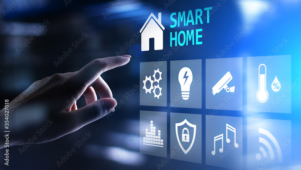 Poster smart home control panel on virtual screen. internet of things, iot, process automation concept.