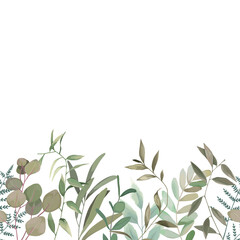 Seamless greenery pattern. Spring border with eucalyptus branch and leaves. Vintage botanical plant