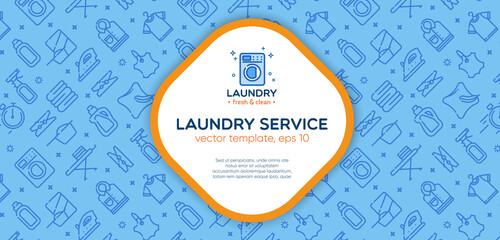 Laundry banner template with logo badge and outline pattern in square form. Card flyer poster illustration with your text for laundry, dry cleaning, housekeeping services.