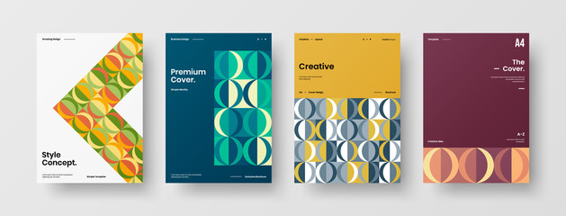 Naklejka premium Company identity brochure template collection. Business presentation vector A4 vertical orientation front page mock up set. Corporate report cover abstract geometric illustration design layout bundle.