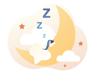 Sleep control. Sweet dreams. Sleep time. Good health and work of biological rhythms. Tiny girl sleeps in mask on the moon. Modern flat cartoon style. Vector illustration on white background