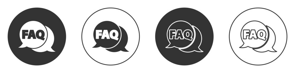 Black Speech bubble with text FAQ information icon isolated on white background. Circle button with text FAQ. Circle button. Vector Illustration. - obrazy, fototapety, plakaty