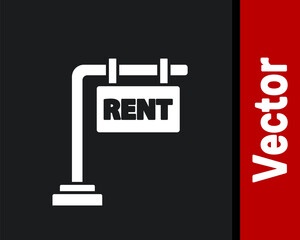 White Hanging sign with text Rent icon isolated on black background. Signboard with text For Rent. Vector Illustration.